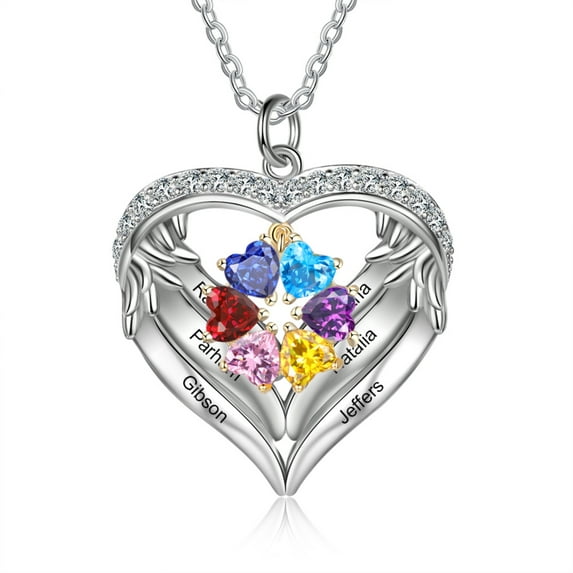 Mementos Personalized Sterling Silver Family Women's Necklace 6 Names Birthstones-Mother's Day Gift