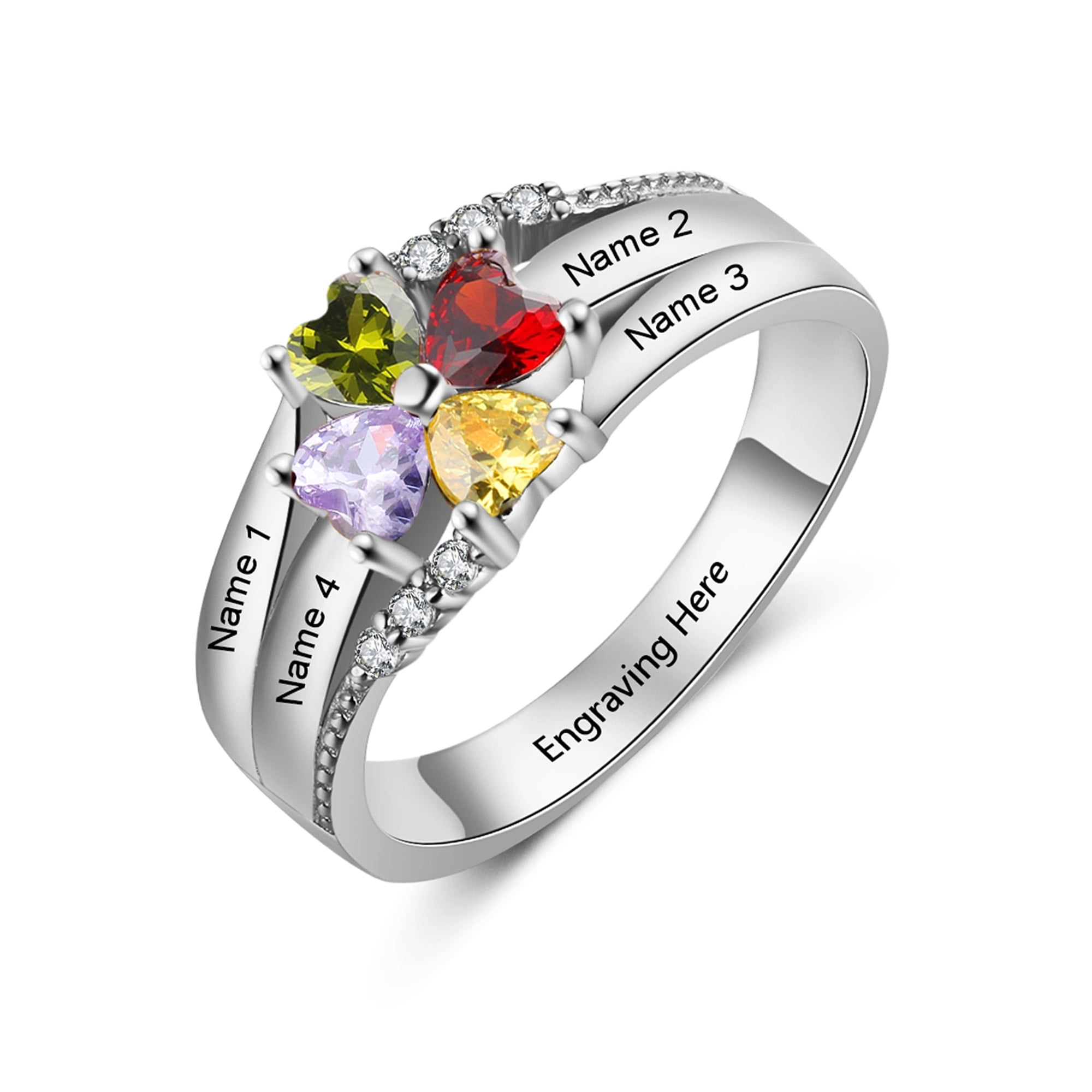 MEMENTOS JEWELRY Mementos USA Personalized Sterling Silver Family Mother's (Women) Ring-4 Birthstone & Name