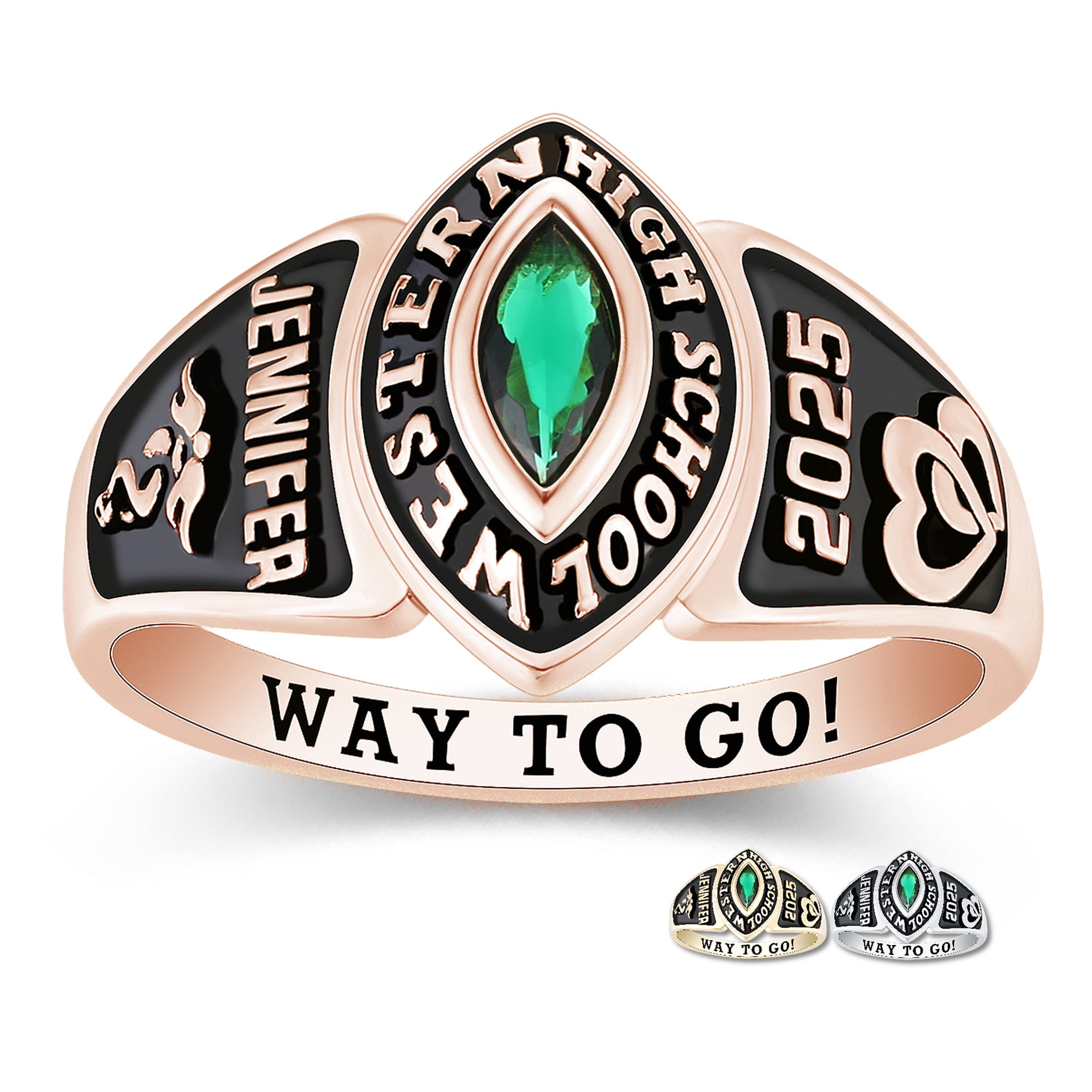 Mementos USA Custom Women's Class Rings Sterling Silver for High School & College-Rose Gold-Journey