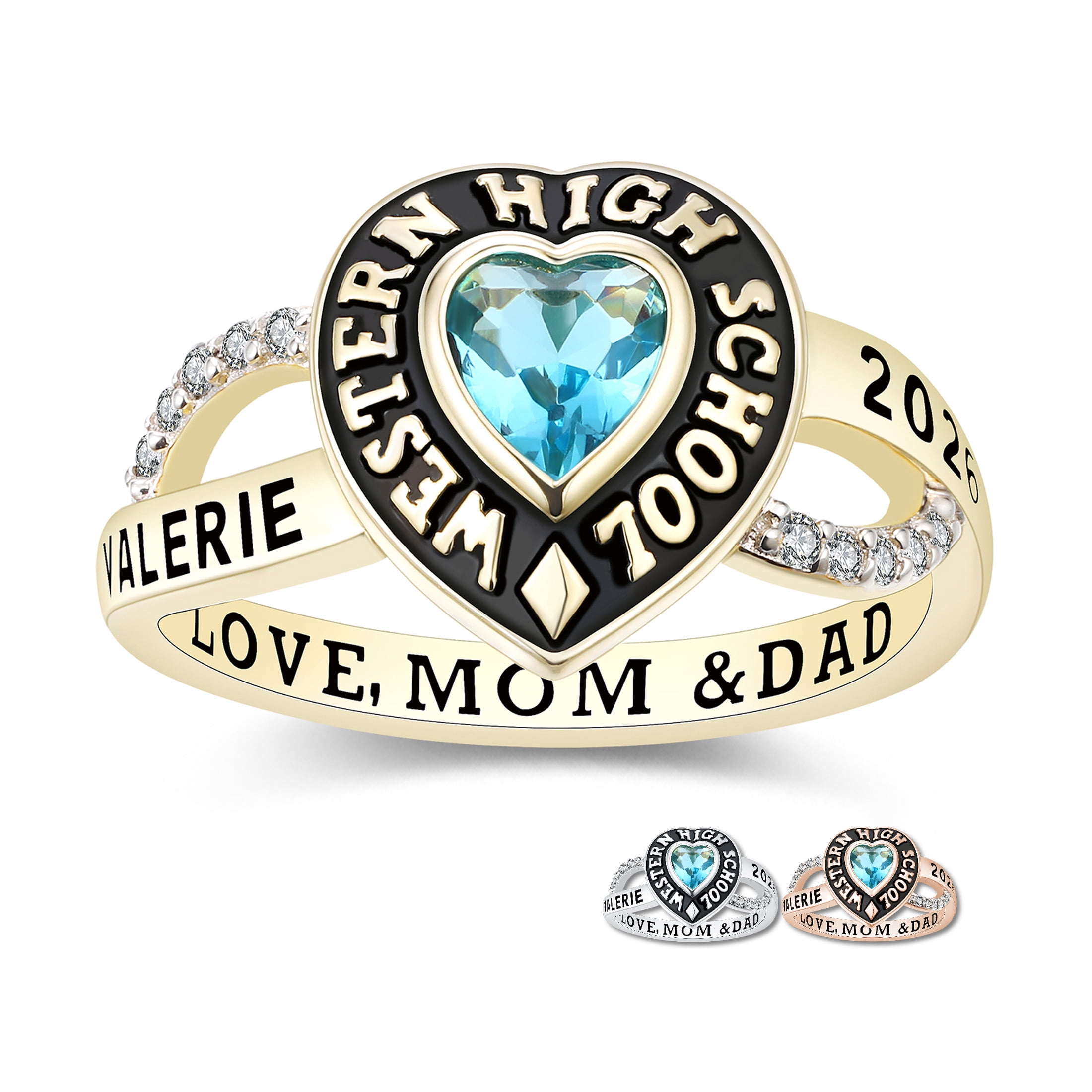 Mementos USA Custom Class Rings Sterling Silver for Women High School College-Gold-Heartstone