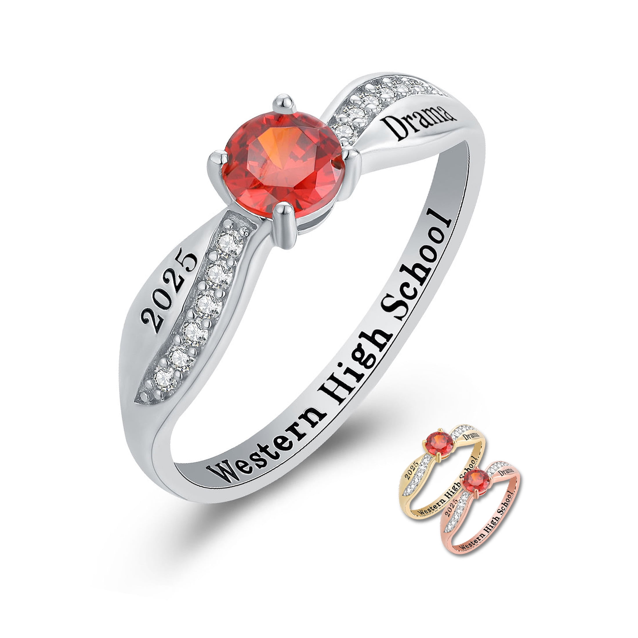 Mementos USA Custom Class Rings Sterling Silver for Women High School and College-Platinum-Dainty