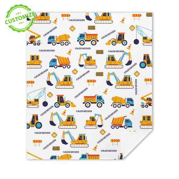 Custom Construction Vehicle Blanket with Personalized Name, Vibrant Excavator and Crane Design, Soft Cozy Throw for Home Décor