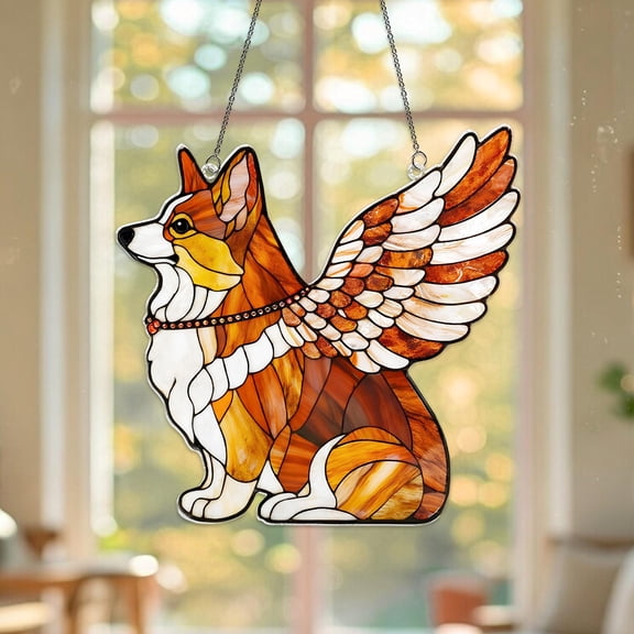 Custom Corgi Angel Wings Suncatcher, Dog Memorial Window Hanging