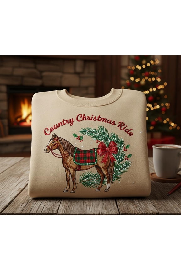 Custom Country Christmas Ride Embroidered Sweatshirt, Plaid Saddle Horse Holiday Crewneck, Cozy Western Christmas Sweater
