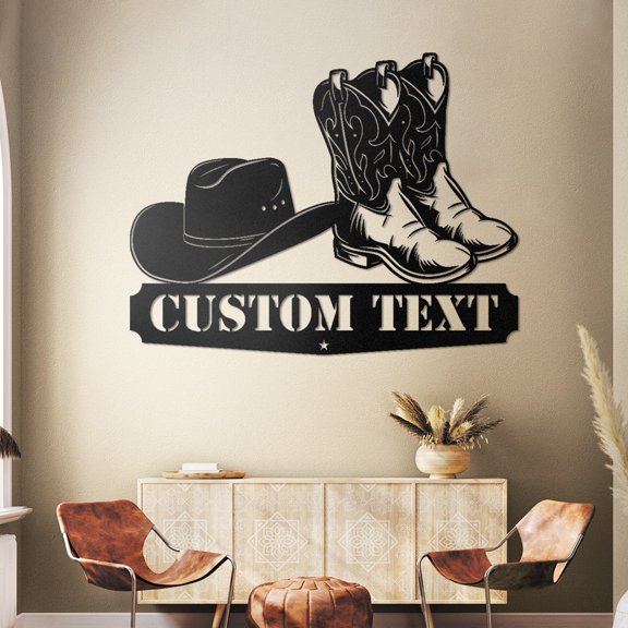 Custom Cowboy Metal Sign, Western Cowboy Decor, Cowboy Boots and Hat Metal Wall Art, Personalized Metal Name Sign, Western Wall Art for Garage Bar Coffee Home Decoration, Farmhouse Decor(10inches)