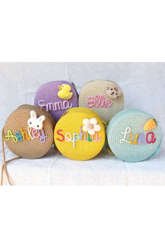 Custom Crossbody bag Round Straw Kids Name Beach Bag Summer Bridal Shower Bag Girl Easter Gift