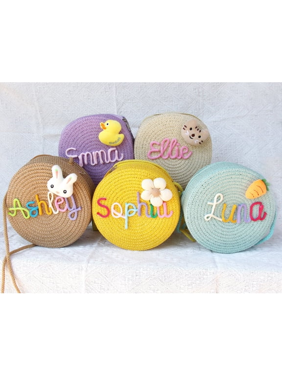 Custom Crossbody bag Round Straw Kids Name Beach Bag Summer Bridal Shower Bag Girl Easter Gift