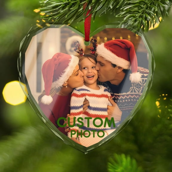 Custom Crystal Christmas Ornaments with Your Photo, Personalized Heart-Shaped Crystal Glass Christmas Ornaments, Elegant Christmas Tree Hanging Decoration and Holiday Gifts