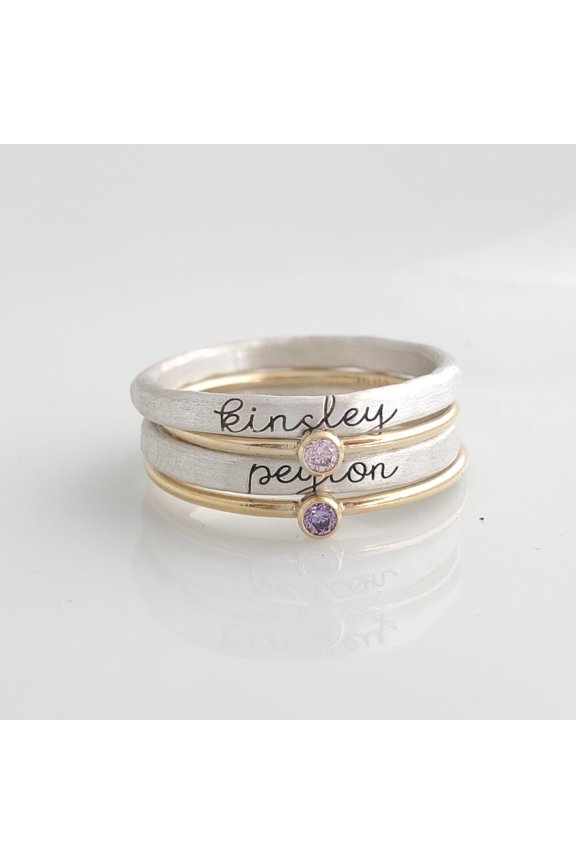 Custom Cursive Name Ring | Sterling Silver Stackable Birthstone Ring | Mother's Day Gift