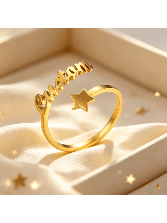Custom Cursive Name Star Open Band Ring For Women, 14K Gold Filled Distinctive Classic Jewelry
