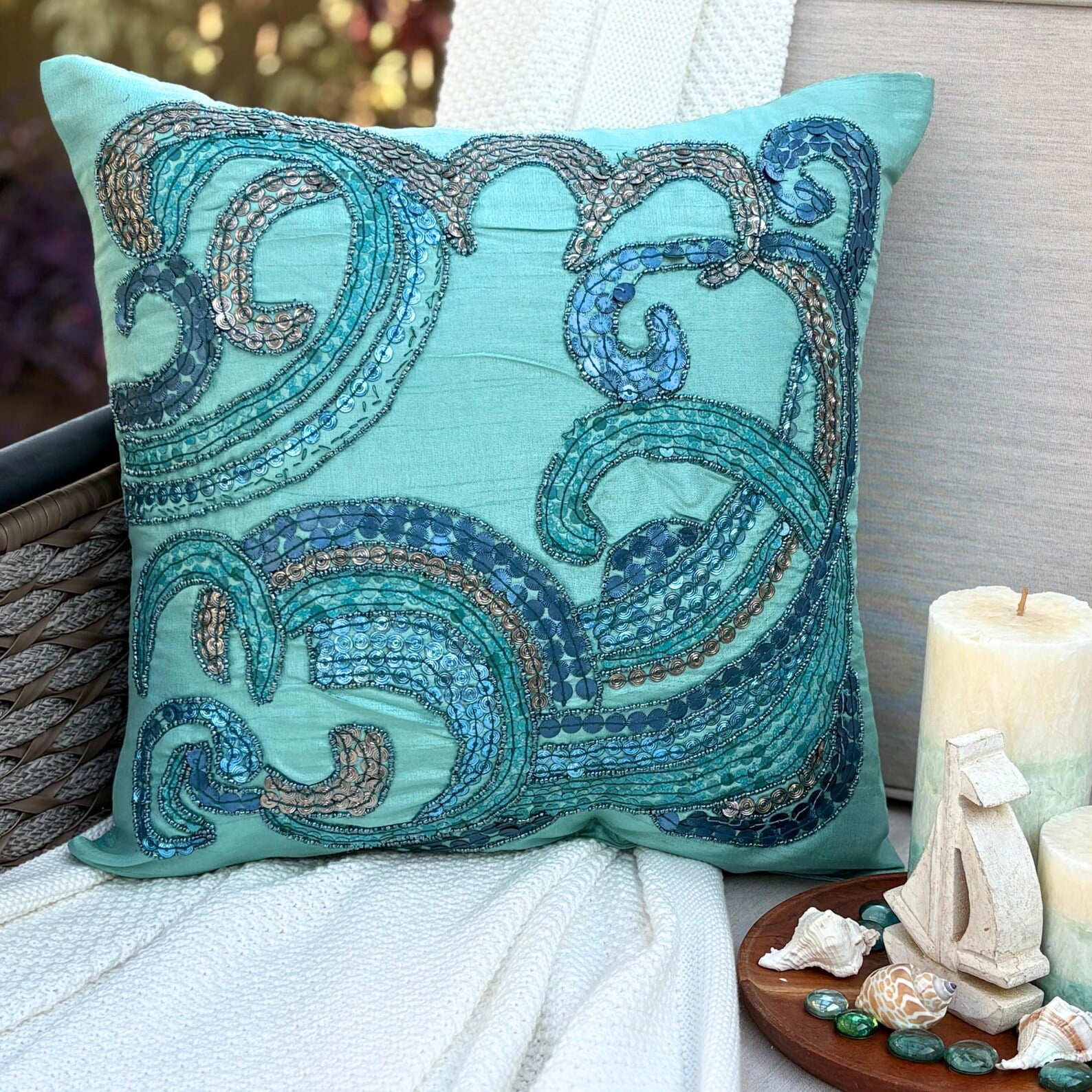 Custom Cushion Cover, Aqua Blue Decorative Pillow Cover&nbsp;For Sofa 16x16 inch (40x40 cm), Silk Pillowcase&nbsp;With Zipper, Abstract, Waves, Sequins Embellished, Mediterranean Throw - Tides