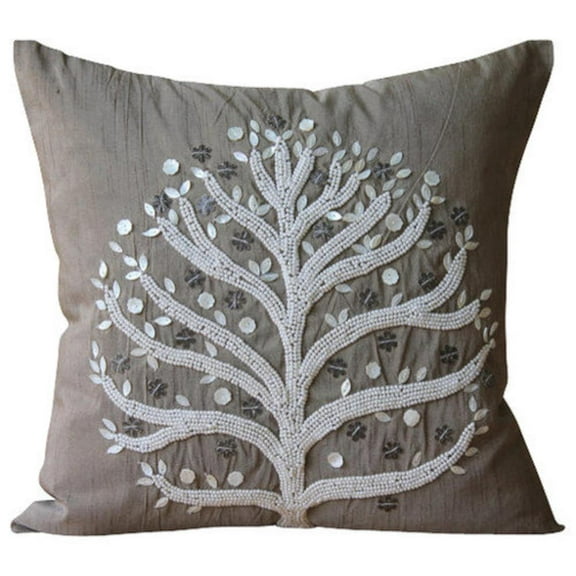 Custom Cushion Cover, Brown Throw Pillow Covers 16x16 inch (40x40 cm), Silk Decorative&nbsp;Toss Pillows, Nature & Floral, Tree, Beaded, Pearls, Contemporary Pillow Cover&nbsp; - Fortune Tree