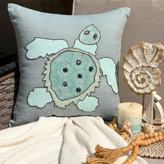 Custom Cushion Cover, Decorative Dull Blue 22"x22" (55x55 cm) Pillow Covers, Linen Turtle, Embroidered Throw Pillow Covers, Sea Creatures Pattern Beach Style Style - Turtle Dove