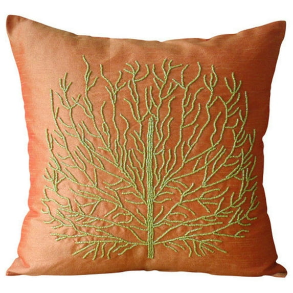 Custom Cushion Cover, Orange Pillow Cases, Beaded Green Tree Pillows Cover, 18x18 inch (45x45 cm) Throw Pillows Cover, Square Silk Pillowcase, Floral Contemporary Pillow - Money Tree