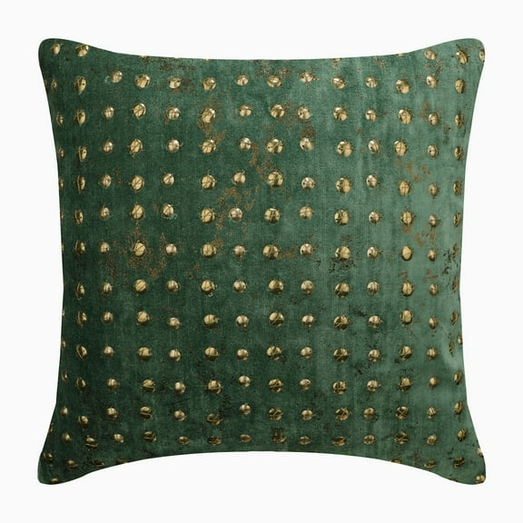 Custom Cushion Cover, Teal Green 16"x16" (40x40 cm) Throw Pillow Covers, Velvet Beaded & Gold Foil Throw Pillows For Couch, Dotted Pattern Circles & Dots Style - Wheeling Around Teal
