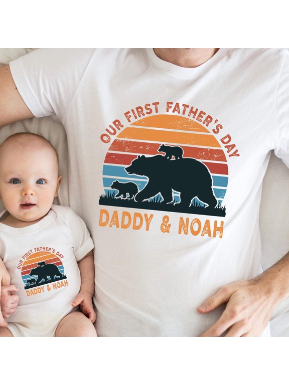 Custom Cute Bear Our First Fatheramp39s Day Tee Dad and Baby Retro Bear and Cub Design Tee