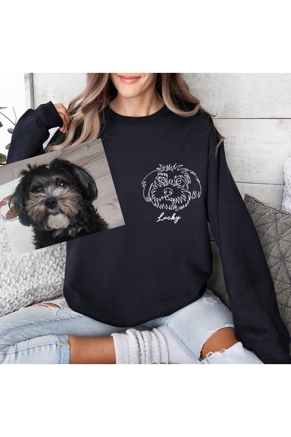 Custom Cute Pet Face Outline Embroidered Sweatshirt Heartfelt for Pet Lovers, Custom Embroidered Sweatshirt