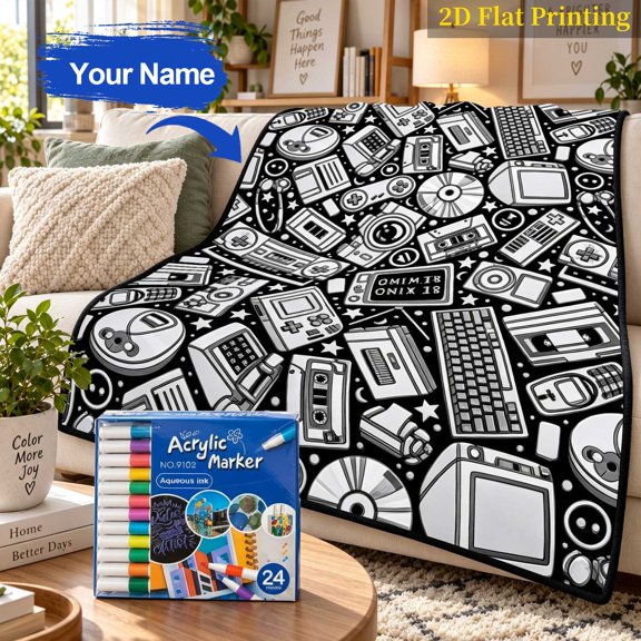 Custom DIY Coloring Blanket for Adults, Personalized Retro Tech Art Therapy Throw with Markers, Geek Gift (2 Sizes)