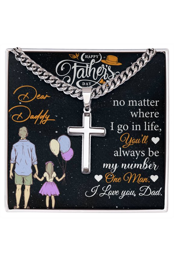 Custom Dad Cross Necklace Fathers Day Gift for Dad - Cuban Link Chain with Artisan Cross