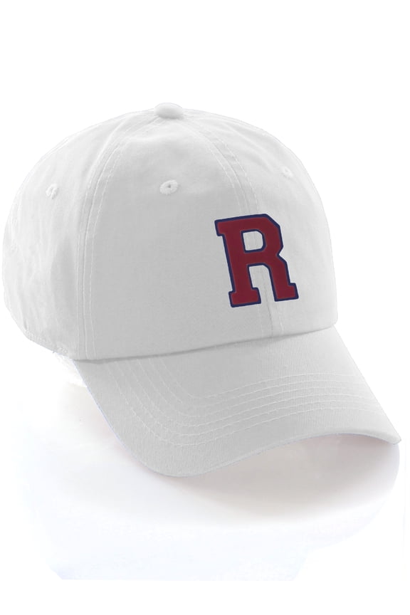 Custom Dad Hat A to Z Initial Letters Classic Baseball Cap, White Hat with Blue Red Letter R