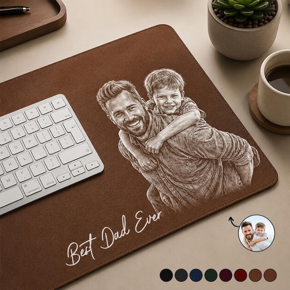 Custom Dad Photo Pencil Sketch Desk Mat, Personalized Best Dad Ever Mouse Pad, Leather Desk Pad Gift For Husband, Dad Birthday Gift