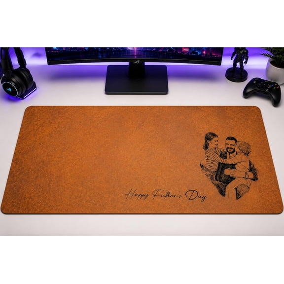 Custom Dad Sketch Leather Desk Mat, Personalized Father's Day Office Mouse Pad Gift