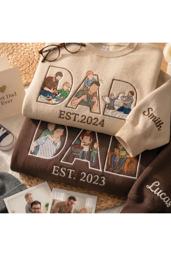 Custom Dad Sweatshirt with Photo Inside Letters, Personalized Father's Day Gift, Dad Est Year Sweater, Custom Embroidered Sweatshirt
