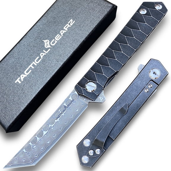Damascus Pocket Knife, Tc4 Titanium Handle