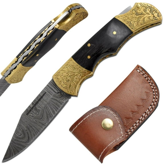 Custom Damascus Steel Collection Engraved Brass Folding Knife