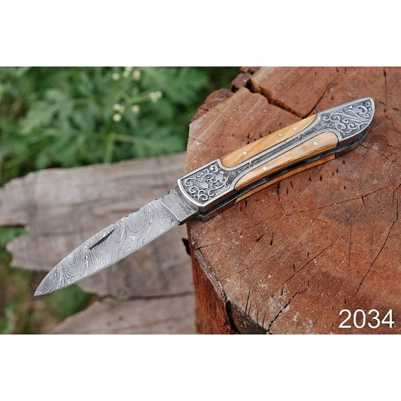 Custom Damascus Steel Folding Knife With Engraved Steel Bolster & Olive Wood Handle