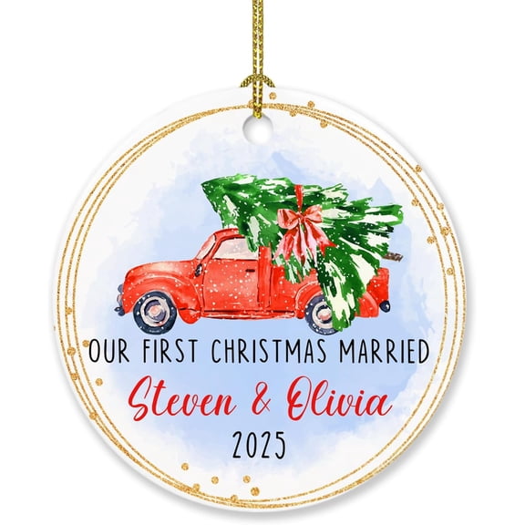 Custom Date & Name Wedding Xmas Engaged Ornament Gifts for Mr & Mrs Just Married, Our First Christmas Ornaments 2025, Personalized 1st Xmas Married Ornament Gift for Couples