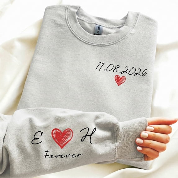 Custom Date Sweatshirt with Initials on Sleeve: Matching Valentine's Day Outfit, Unisex S - 3XL