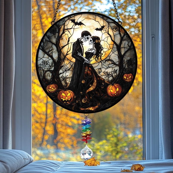 Custom Day Of The Dead Skeleton Couple Acrylic Window Hanging – Faux Stained Glass Bride & Groom Suncatcher, Anniversary Wedding Gift 4339831176 5599
