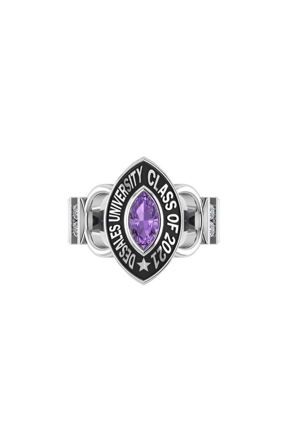 Custom DeSales University Class Ring Personalized High School Name Year Inside Engraving with Purple Marquise Center Stone Oval Halo Design and Clear Side Accents Solid 925 Sterling Silver