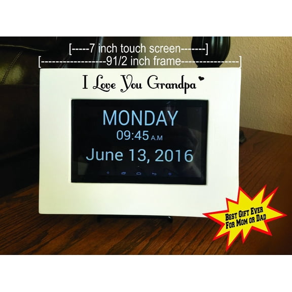 Custom Decal Memory Loss Day Clock Touch Screen Digital Tablet 9 1/2" frame with a 7" screen - Non Abbreviated Day Month - Impaired Vision Alzheimers