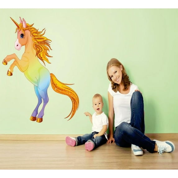 Custom Decals Colorful Unicorn With Golden Hair Girl Daycare School 12x18 Inches