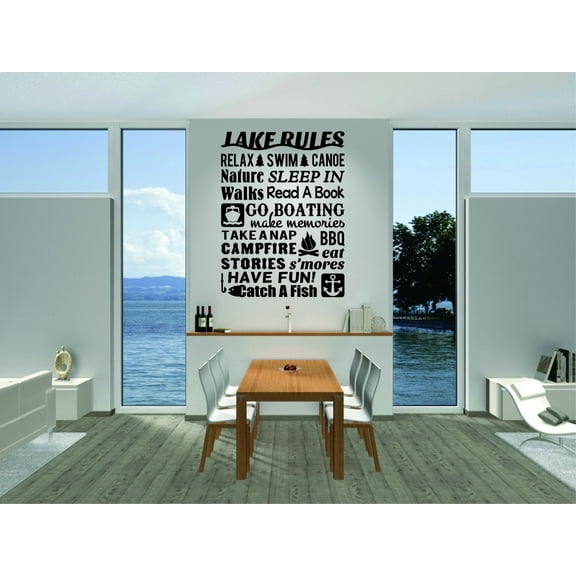 Custom Decals Lake Rule Relax Swim Canoe Nature Sleep In Walk Read A Book Bbq Campfire Stories Eat Smores Have Fun! Quote 16 X 24 Inches