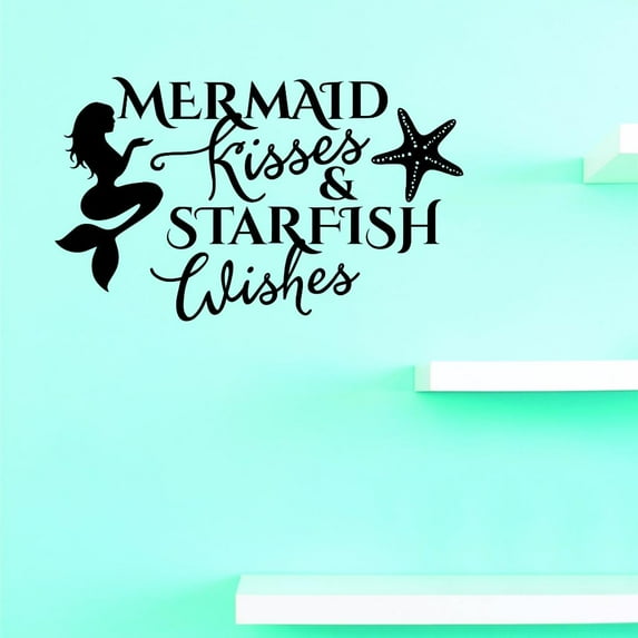 Custom Decals Mermaid Kisses & Starfish Wishes Wall Art Size: 10 X 20 Inches Color: Black