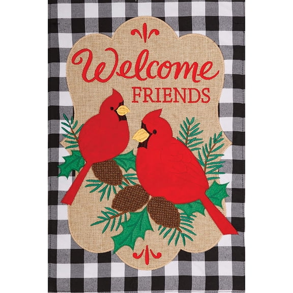 Custom Decor Welcome Friends Cardinals - Garden Size, Emboidered Burlap Applique Style, Double Sided Decorative Flag - Approx. 12 Inch X 18 Inch