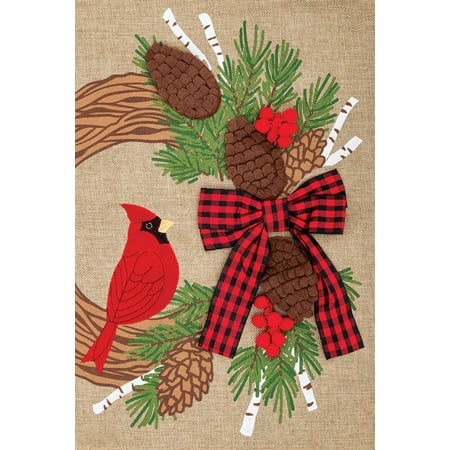 Custom Decor Cardinal Wreath - Garden Size, Embroidered Burlap Applique Style, Double Sided Decorative Flag - Approx. 12 Inch X 17.98 Inch