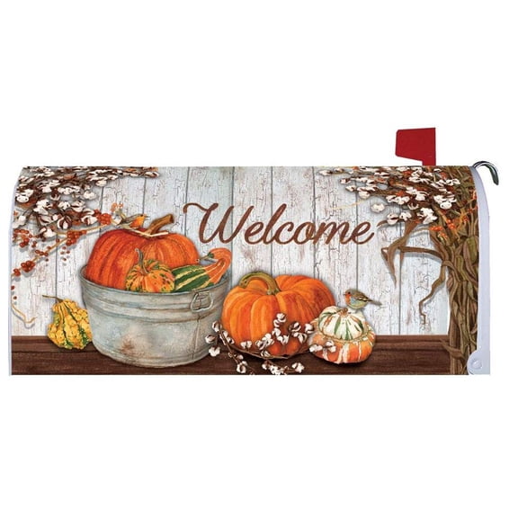 Custom Decor Pumpkins and Cotton - Mailbox Makeover - Vinyl with Magnetic Strips for Steel Standard Rural Mailbox - Made in The USA - Copyright, Licensed and Trademarked Inc.