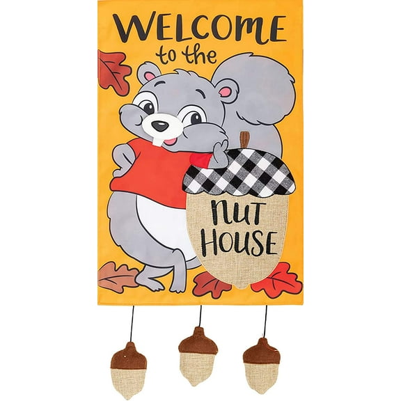 Custom Decor Welcome to The Nut House - Applique/Burlap Garden Sized Flag - 12" x 18" - Squirrel Fall Flag