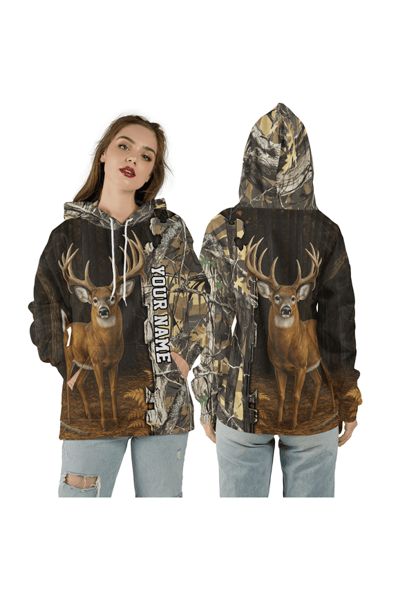 Custom Deer Buck 3D Hoodie, Deer Hunting Forest Pattern 3D Hooded Sweatshirt, Hunting Camo Personalized All Over Print Hoodie