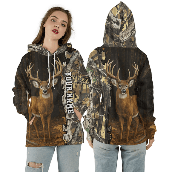 Custom Deer Buck 3D Hoodie, Deer Hunting Forest Pattern 3D Hooded Sweatshirt, Hunting Camo Personalized All Over Print Hoodie