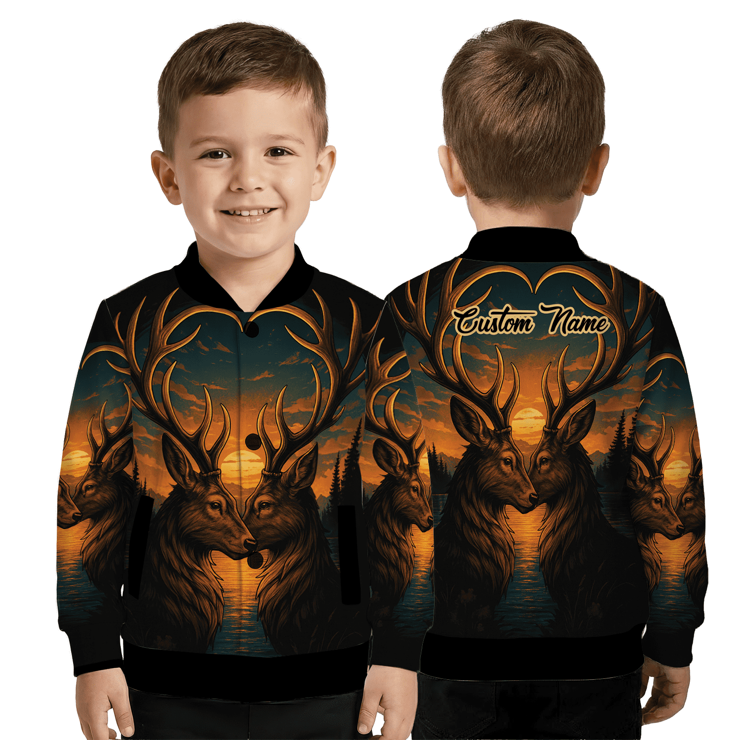 Custom Deer Couple Sunset Baseball Jacket, Personalized Name Antler ...