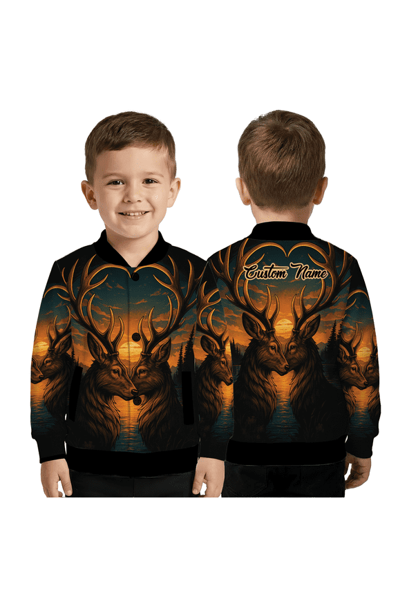 Custom Deer Couple Sunset Baseball Jacket, Personalized Name Antler Heart Baseball Jacket, Romantic Valentine Gift for Couples