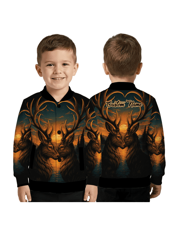 Custom Deer Couple Sunset Jacket, Personalized Name Antler Heart Baseball Jacket, Romantic Valentine Gift for Couples