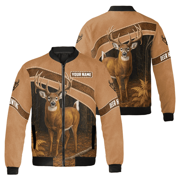 Custom Deer Hunting Bomber Jacket with Personalized Name - Stylish Outdoor Hunting Apparel for Men and Women, Perfect Gift for Hunters and Sports Enthusiasts