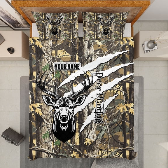 Custom Deer Hunting With Camouflage Pattern Quilt Bedding Set - Personalized Name – Camo Hunter Quilt Blanket & Pillowcases Décor