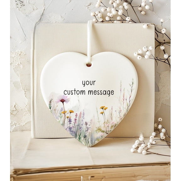 Custom Design Christmas Ornament - Personalized Floral Ceramic Heart Ornament - Your Text Here Custom Ornament Gift